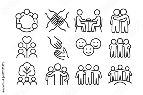 Community Support Icons. Outline icon set of community support: group circle, joined hands, shared meal, group