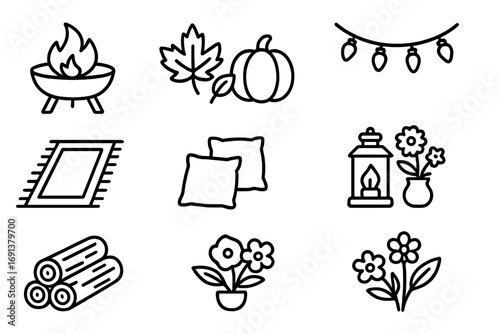 Seasonal Fire Pit Icons. Outline icon set of Fire pit seasonal decorations: autumn leaves, pumpkins, fairy