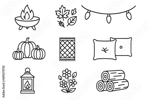Seasonal Fire Pit Icons. Outline icon set of Fire pit seasonal decorations: autumn leaves, pumpkins, fairy