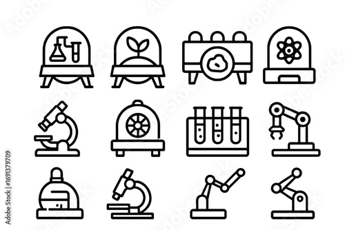 Moon Base Labs Icons. Outline icon set of Moon base research labs: chemistry lab, biology lab, geology station