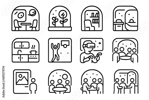 Space Lifestyle Icons. Outline icon set of Space lifestyle concepts: recreation module, indoor garden, library