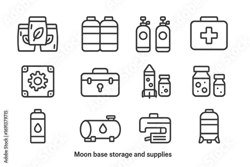 Lunar Base Supplies Icons. Outline icon set of Moon base storage and supplies: food packs, water tanks, oxygen