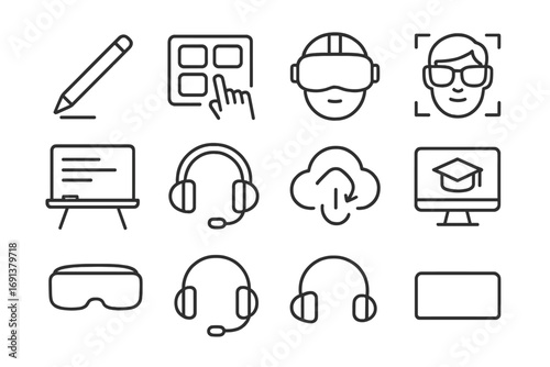 Educational Tech Icons. Outline icon set of Educational technology tools: stylus pen, touchscreen interface,