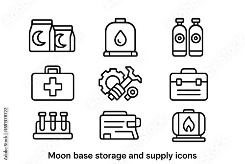 Lunar Base Supplies Icons. Outline icon set of Moon base storage and supplies: food packs, water tanks, oxygen
