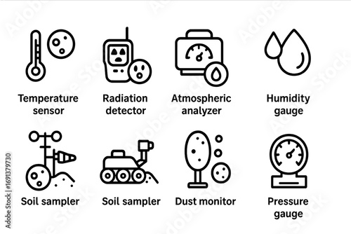 Moon Base Monitor Icons. Outline icon set of Moon base environmental monitoring: temperature sensor, radiation