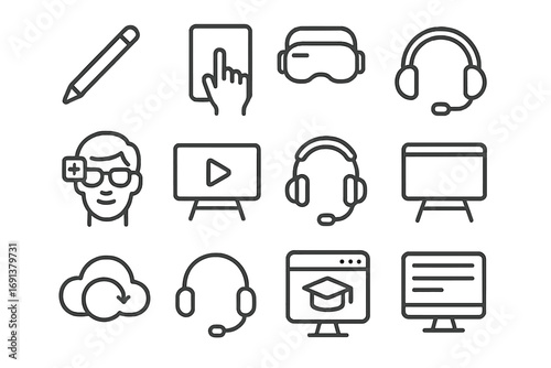 Educational Tech Icons. Outline icon set of Educational technology tools: stylus pen, touchscreen interface,