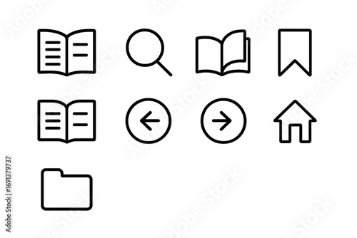 Interactive Textbook Icons. Outline icon set of Interactive textbook navigation: table of contents, search