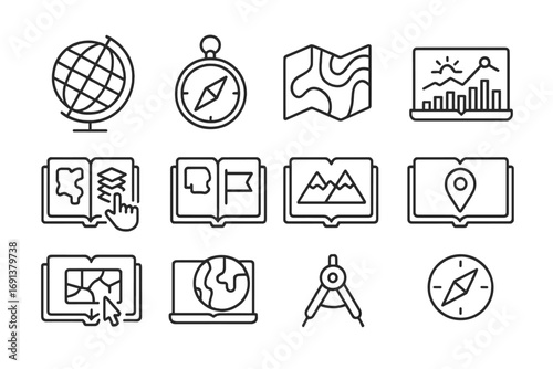 Geography Icon Set. Outline icon set of Geography interactive textbooks: globe, compass, topographic map,
