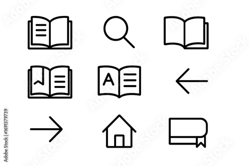 Interactive Textbook Icons. Outline icon set of Interactive textbook navigation: table of contents, search