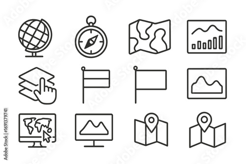 Geography Icon Set. Outline icon set of Geography interactive textbooks: globe, compass, topographic map,