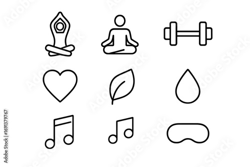Mind-Body Icon Set. Outline icon set of Mind and body balance: yoga pose, meditation icon, dumbbell, heart,