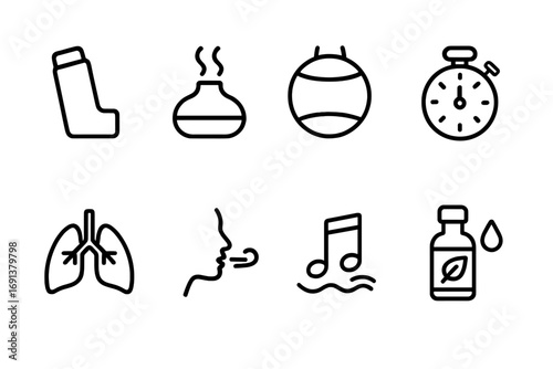 Breathing Aid Icons. Outline icon set of Breathing aids: inhaler, aromatherapy diffuser, yoga ball, timer,