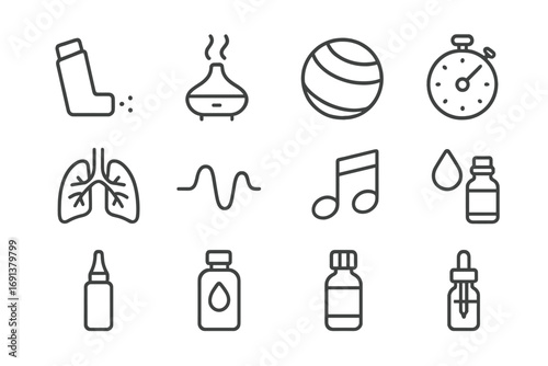 Breathing Aid Icons. Outline icon set of Breathing aids: inhaler, aromatherapy diffuser, yoga ball, timer,