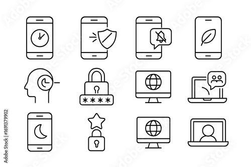 Digital Wellness Icons. Outline icon set of Digital wellness: screen time tracker, blue light filter,