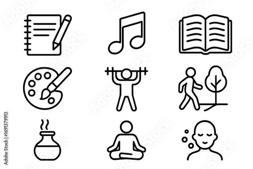 Self-Care Icons Grid. Outline icon set of Self-care strategies: journaling, music, reading, hobby, exercise,