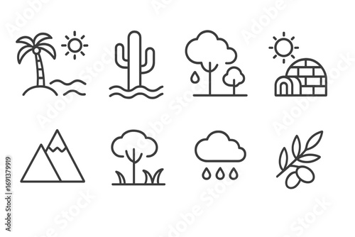 Climate Zones Icons. Outline icon set of Climate zones: tropical, desert, temperate, polar, mountain, savanna,