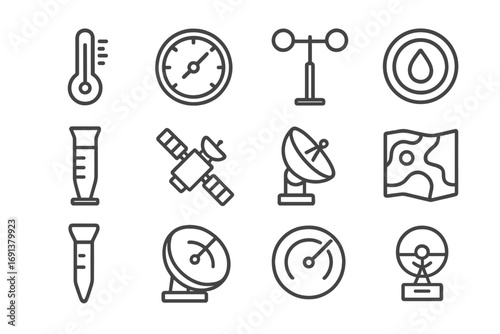 Weather Tools Icons. Outline icon set of Weather forecasting tools: thermometer, barometer, anemometer,