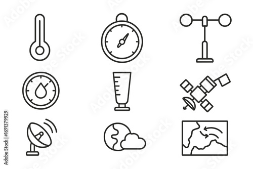 Weather Tools Icons. Outline icon set of Weather forecasting tools: thermometer, barometer, anemometer,