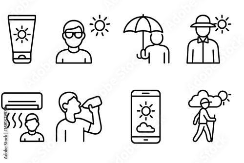 Weather Interaction Icons. Outline icon set of Human interaction with sun and weather: sunscreen, sunglasses,