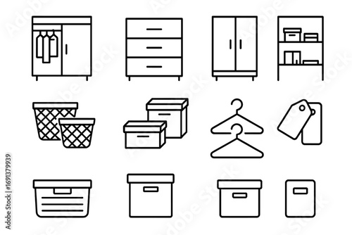 Home Storage Icons. Outline icon set of Home storage solutions: closet, drawer, cabinet, shelving unit,
