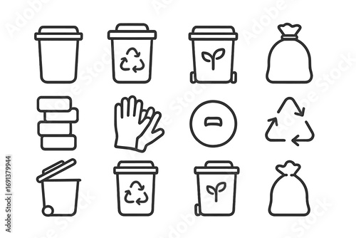 Recycling Icon Set. Outline icon set of Waste and recycling organization: trash bin, recycling bin, compost