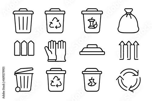 Recycling Icon Set. Outline icon set of Waste and recycling organization: trash bin, recycling bin, compost