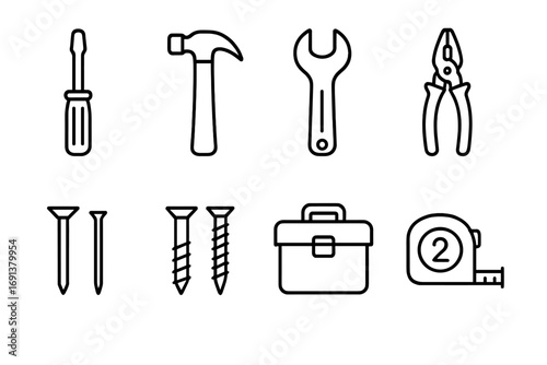 Tool Icon Set. Outline icon set of Household maintenance tools: screwdriver, hammer, wrench, pliers, nails,