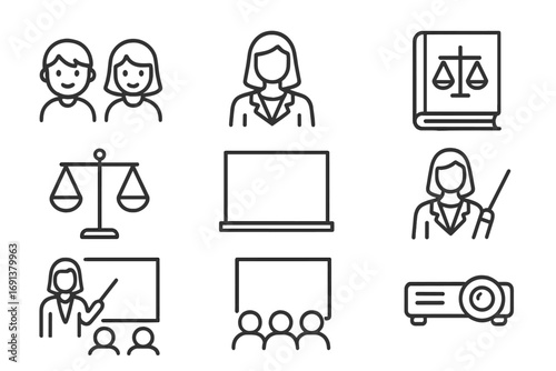 Youth Legal Education Icons. Outline icon set of Youth legal education programs: children, teacher, law book,