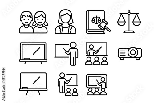 Youth Legal Education Icons. Outline icon set of Youth legal education programs: children, teacher, law book,