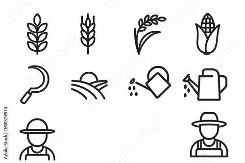 Ancient Grain Icons. Outline icon set of Ancient grain cultivation: wheat, barley, rice, corn, sickle, field,