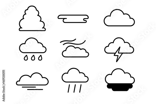 Cloud Icon Set. Outline icon set of Cloud formations: cumulonimbus, stratus, nimbus, cirrus, thundercloud,