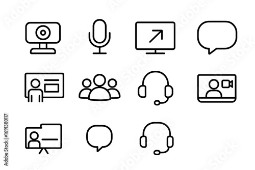 Virtual Meeting Icons. Outline icon set of Virtual meetings: webcam, microphone, screen sharing, chat bubble,