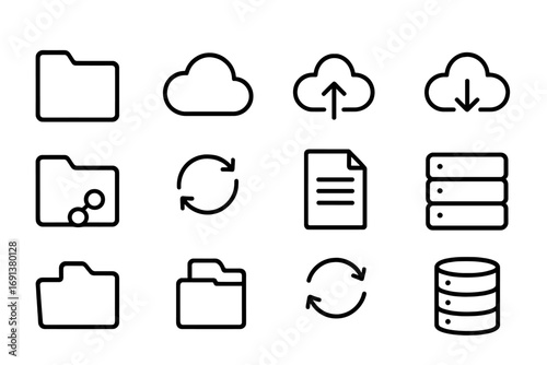 Cloud Management Icons. Outline icon set of Cloud-based file management: folder, cloud, upload, download,