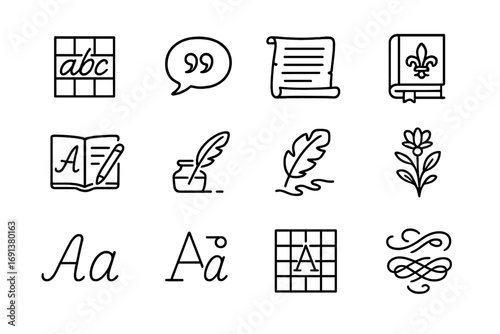 Calligraphy Icon Collection. Outline icon set of Calligraphy inspiration: alphabets, quote samples, historical