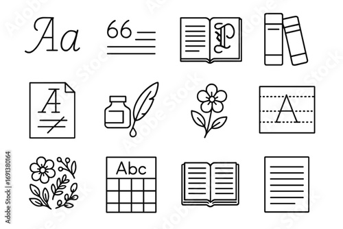Calligraphy Icon Collection. Outline icon set of Calligraphy inspiration: alphabets, quote samples, historical