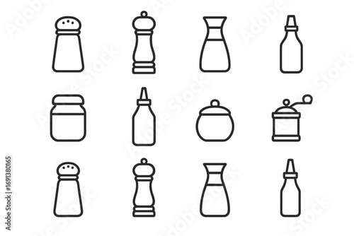 Seasoning Icons Grid. Outline icon set of Table seasonings: salt shaker, pepper mill, soy sauce bottle, hot