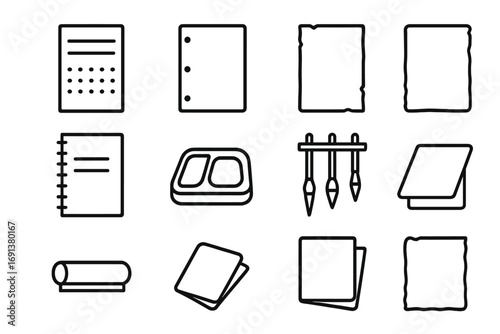 Calligraphy Tools Icons. Outline icon set of Calligraphy materials: rice paper, vellum, parchment sheet,