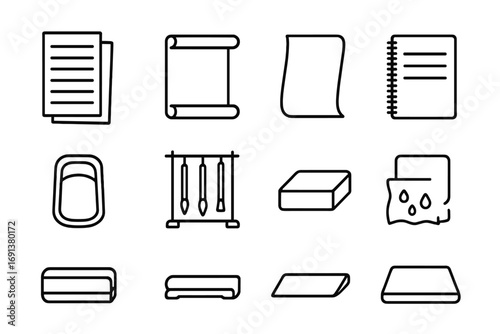 Calligraphy Tools Icons. Outline icon set of Calligraphy materials: rice paper, vellum, parchment sheet,