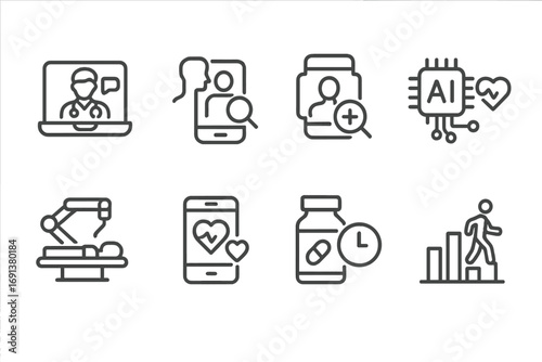 AI Healthcare Icons. Outline icon set of AI in healthcare: telemedicine, symptom checker, wearable monitor, AI