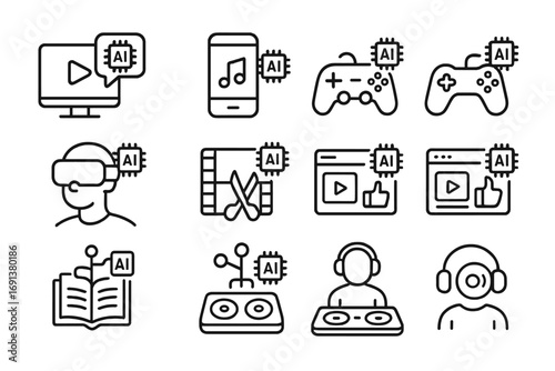 AI Entertainment Icons. Outline icon set of AI in entertainment: streaming suggestions, music playlist
