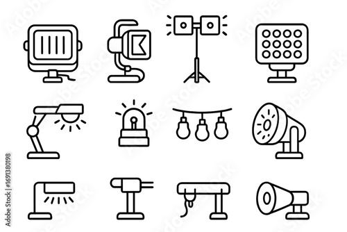 Construction Lighting Icons. Outline icon set of Construction site lighting setup: floodlight, portable lamp,
