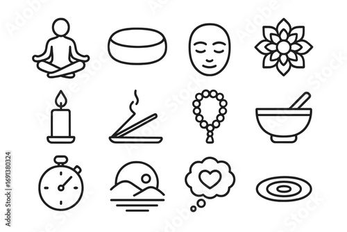 Mindfulness Icon Set. Outline icon set of Mindfulness meditation techniques: lotus position figure, meditation cushion, closed