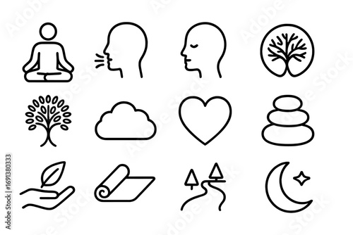 Mindfulness Icons Grid. Outline icon set of Mindfulness and inner peace: seated meditator, breathing symbol, calm face profile,