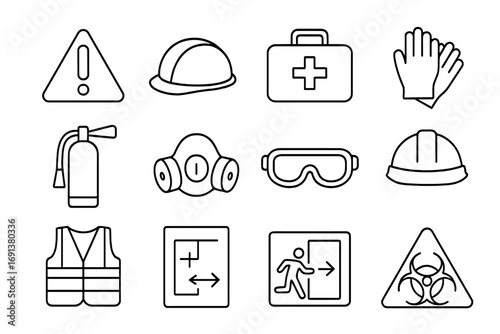 Mine Safety Icons Grid. Outline icon set of mine safety and regulations: warning sign, safety helmet, first aid kit, protective