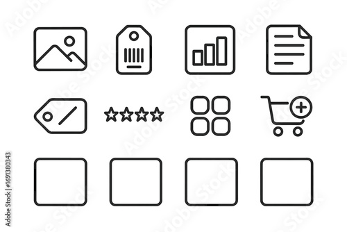 Product Management Icons. Outline icon set of Product management: product image, SKU, stock level, description