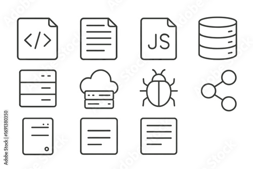 Web Development Icons. Outline icon set of Web development process: HTML code, CSS style sheet, JavaScript