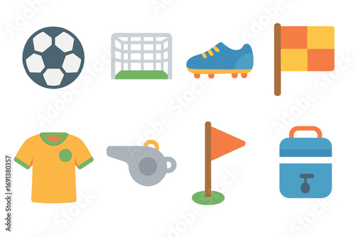 Mini Soccer Icons. Flat vector mini-illustrations Mini soccer match in colors children's illustrations: soccer ball, goal net,