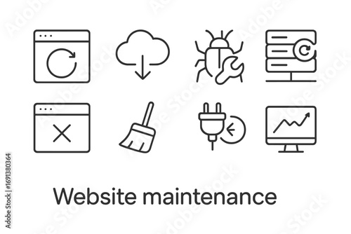 Website Maintenance Icons. Outline icon set of Website maintenance: update icon, backup cloud, bug fix, server