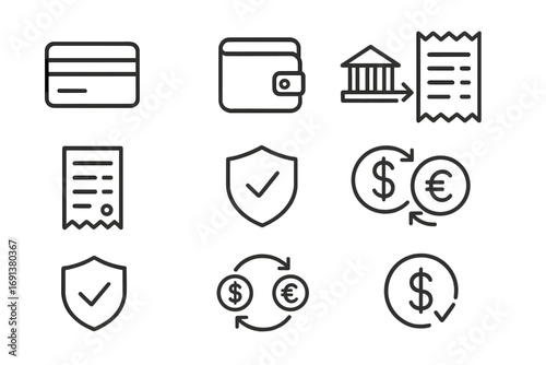 Payment Icons Grid. Outline icon set of Payment and transactions: credit card, digital wallet, bank transfer,