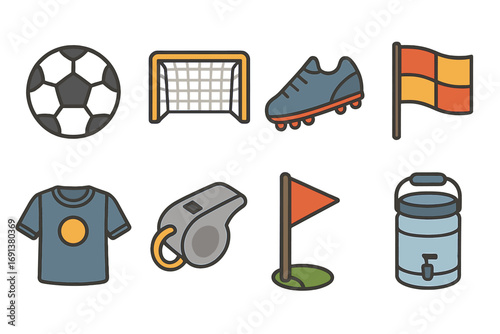 Mini Soccer Icons. Flat vector mini-illustrations Mini soccer match in colors children's illustrations: soccer ball, goal net,